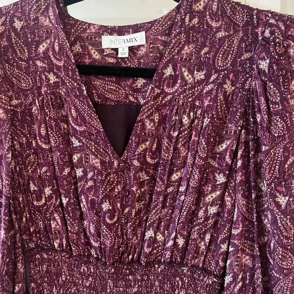 652 Intermix Lana Printed Smocked Mini Dress Size 0 Color maroon - Picture 4 of 7